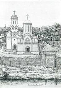 Центральная часть монастыря в XV веке. Вид с запада: рубленая ограда, Троицкий собор
