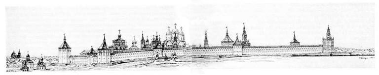 Панорама монастыря в конце XVII века. Реконструкция В. И. Балдина