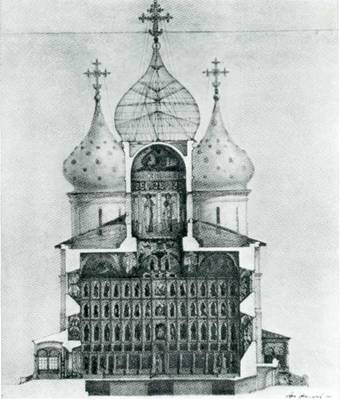 Успенский собор. Разрез север — гог. Обмерный чертеж Ф. Комарова. 1946