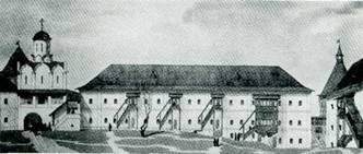 Предтеченский корпус братских келий. 1640. Реконструкция первоначального вида. Чертеж В. И. Балдина