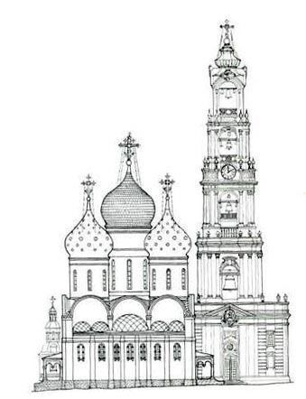 Колокольня (XVIII в.) и Успенский собор (XVI в.). Соотношение высот и объемов. Чертеж В. И. Балдина